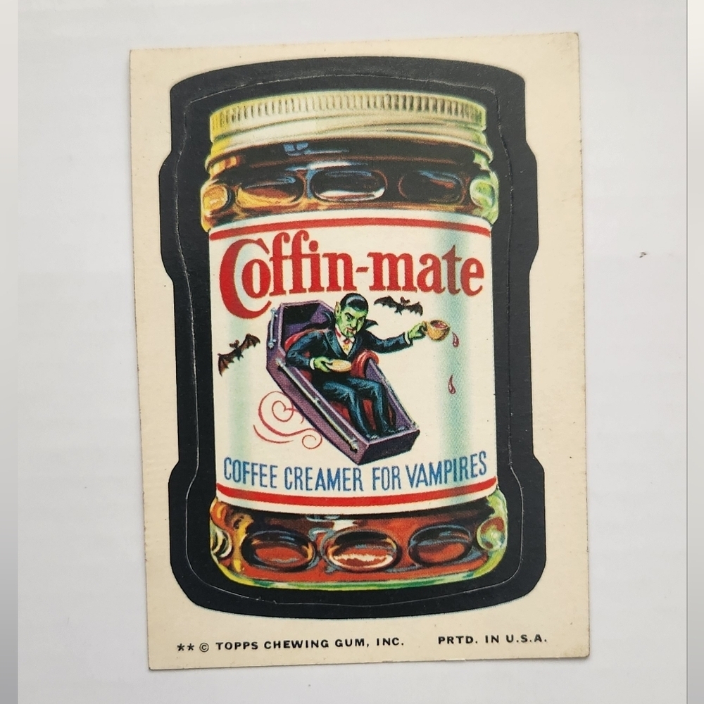 🧛RARE Tan Back Vintage 1973 Wacky Packages - Coffin-mate Sticker (Topps) 🧛‍♂️☕